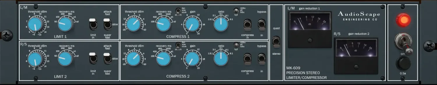 Kiive Audio AudioScape MK-609 precision stereo limiter compressor plugin faceplate with dual VU meters and blue control knobs