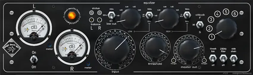 DDMF Magic Death Eye stereo variable-mu tube compressor plugin interface with VU meters, equalizer, and attack/release controls