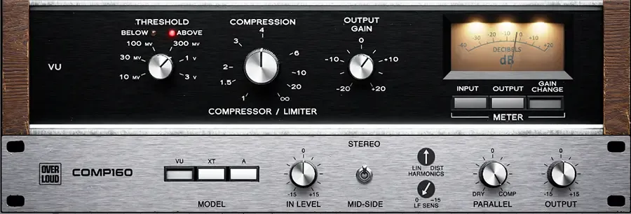 Overloud Gem Comp160 VCA compressor plugin interface with threshold, compression ratio, output gain, and VU meter