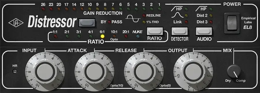 Universal Audio Empirical Labs EL8 Distressor compressor plugin front panel showing ratio select LEDs and gain control knobs