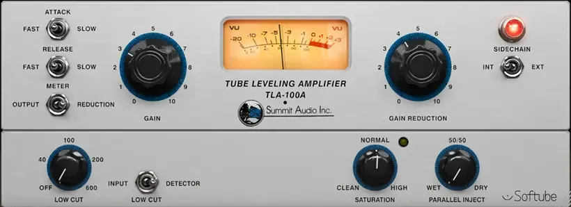 Softube Summit Audio TLA-100A tube leveling amplifier plugin interface featuring VU meter, gain, gain reduction, and low cut controls