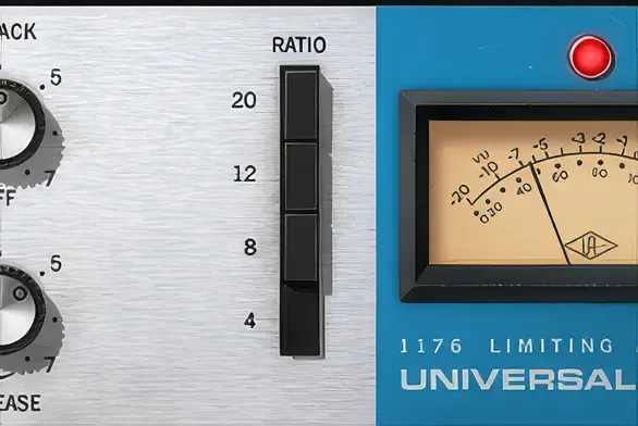 Close-up of an 1176 compressor front panel highlighting the vertical row of push-button ratio options from 4:1 up to 20:1