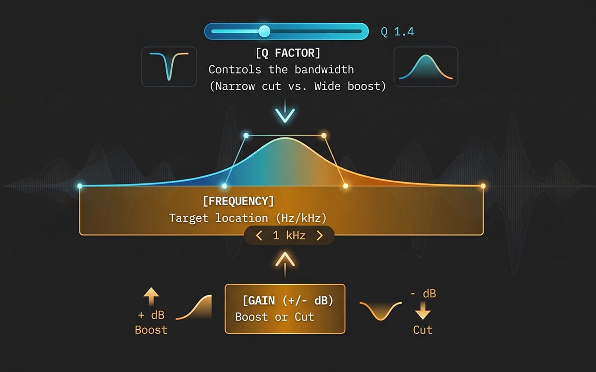 Diagram illustrating EQ controls of Q factor, frequency adjustment, and gain modification for boosting or cutting.
