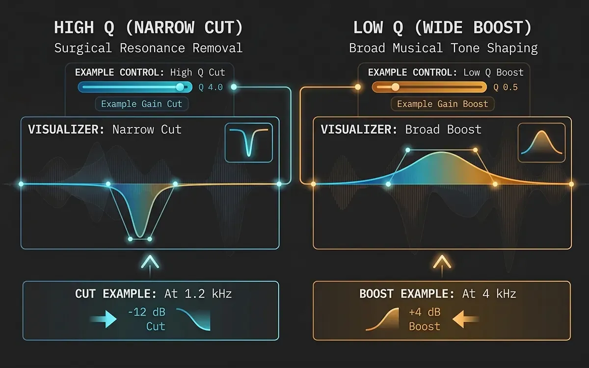 A graphic showing the difference between a high Q (narrow cut) and Low Q (wide boost) EQ curves.