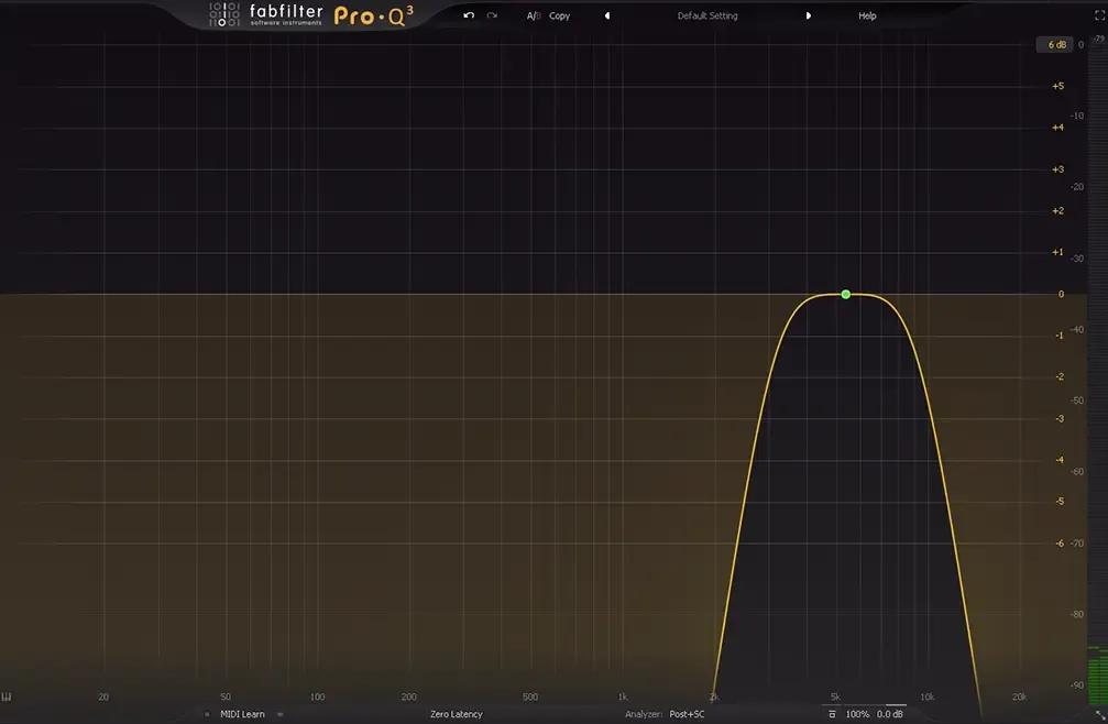 A band pass filter in a Pro-Q3 plugin by FabFilter