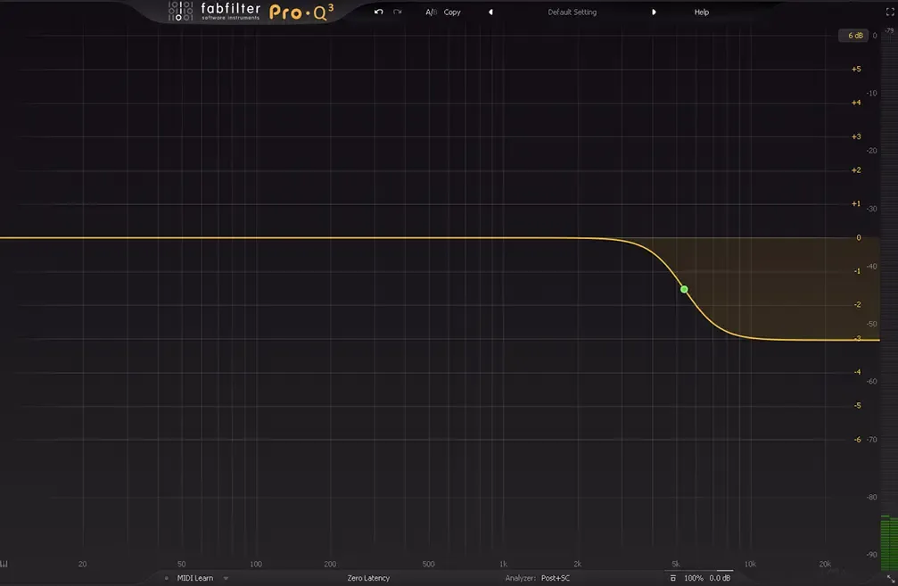 A high-shelf filter in a Pro-Q3 plugin by FabFilter