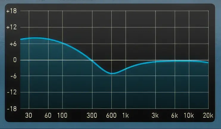A frequency spectrum EQ curve shown as part of the Gem EQP plugin by Overloud from a 60 Hz +-6 Boost and -6 Attenuation in the plugin.