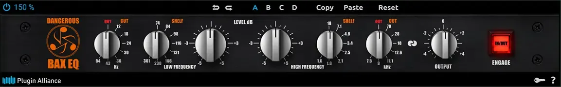 An image of the Dangerous BAX EQ by Plugin Alliance, a Baxandall EQ plugin.
