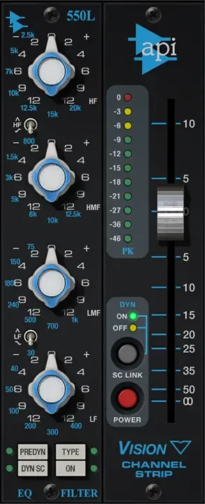 The EQ module of the API Vision Channel Strip (550) plugin by Universal Audio.