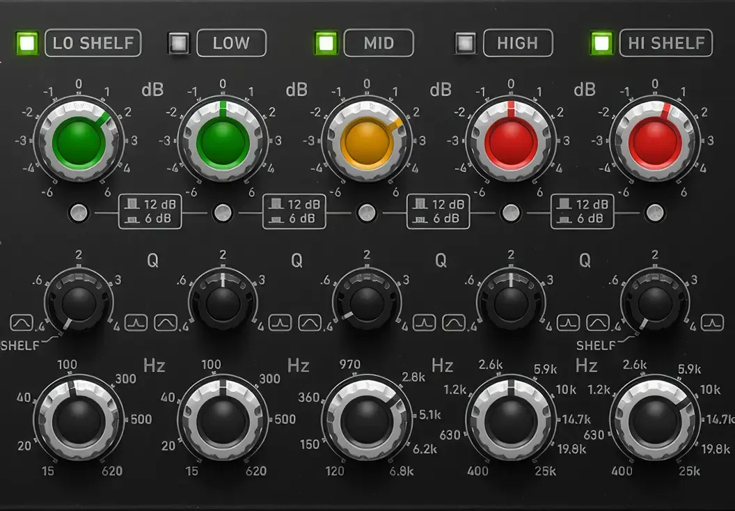 An AMEK 250 EQ plugin showing a low shelf boost, a low-Q presence adjustment, and a top-end air shelf boost.