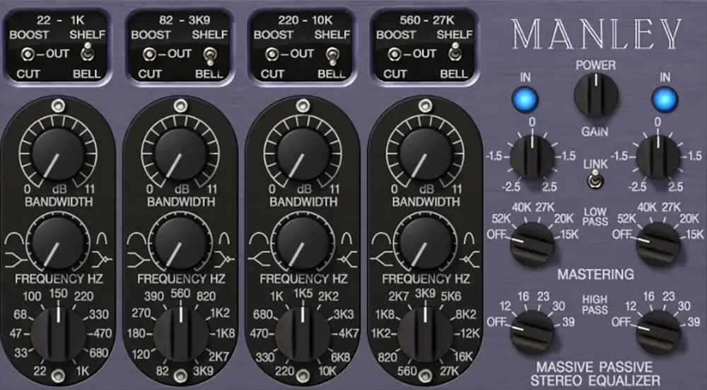 The left and center of the Manley Massive Passive Mastering EQ plugin interface, showing four frequency bands and low pass filtering controls.