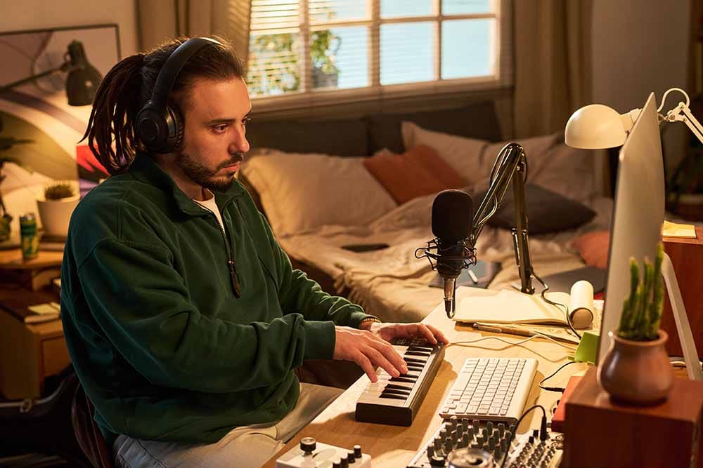 A male music producer staying in a creative state while he produces music on his computer.