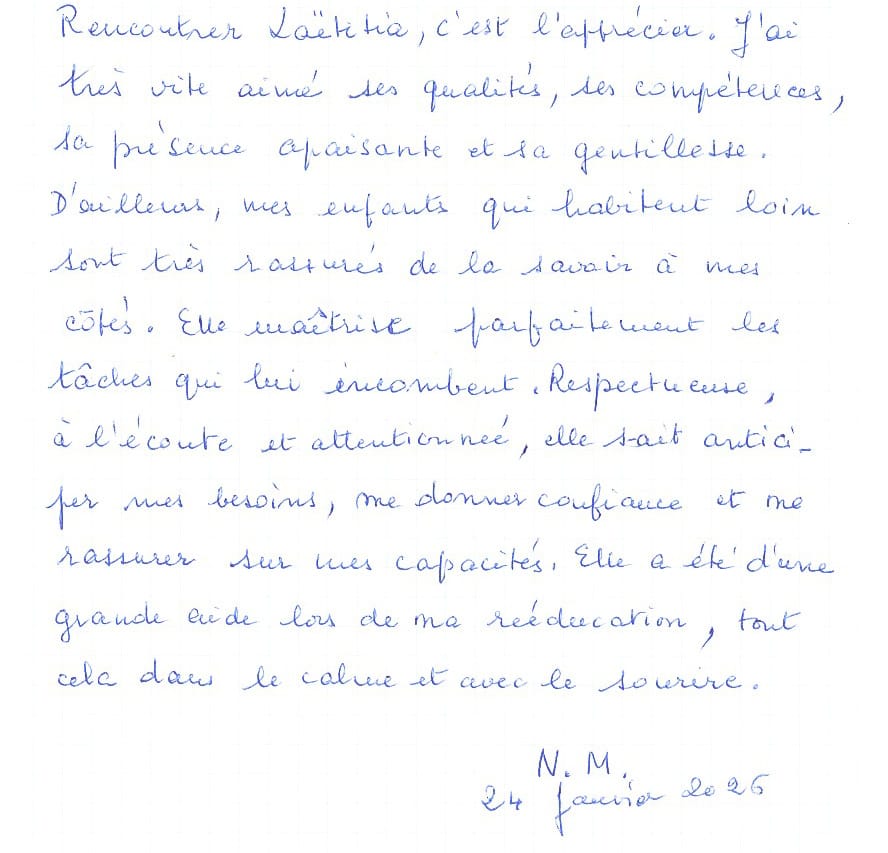 Témoignage manuscrit d’une personne âgée de 94 ans accompagnée à domicile à Nyons