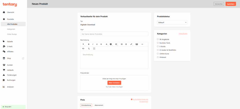 Tentary Erfahrungen: Entdecke die einfache Plattform zum Verkaufen digitaler Produkte – intuitiv, günstig & ideal für Anfänger.