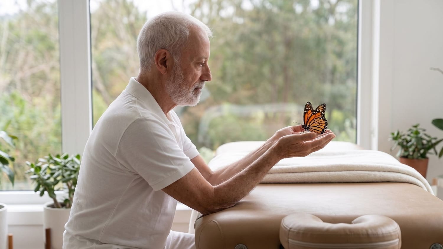 Javier de María sosteniendo una mariposa posada en su mano, junto a la camilla de terapia craneosacral, transmitiendo presencia y quietud — Método ASA, Elche