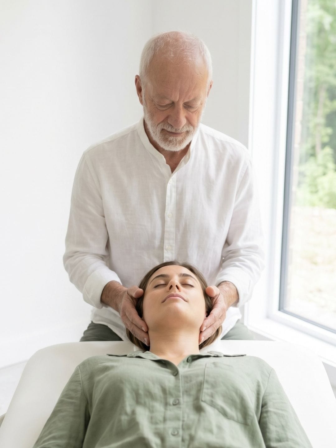 Javier de María realizando una sesión de terapia craneosacral biodinámica, sosteniendo la cabeza de una paciente con ambas manos — Método ASA, Elche, Alicante
