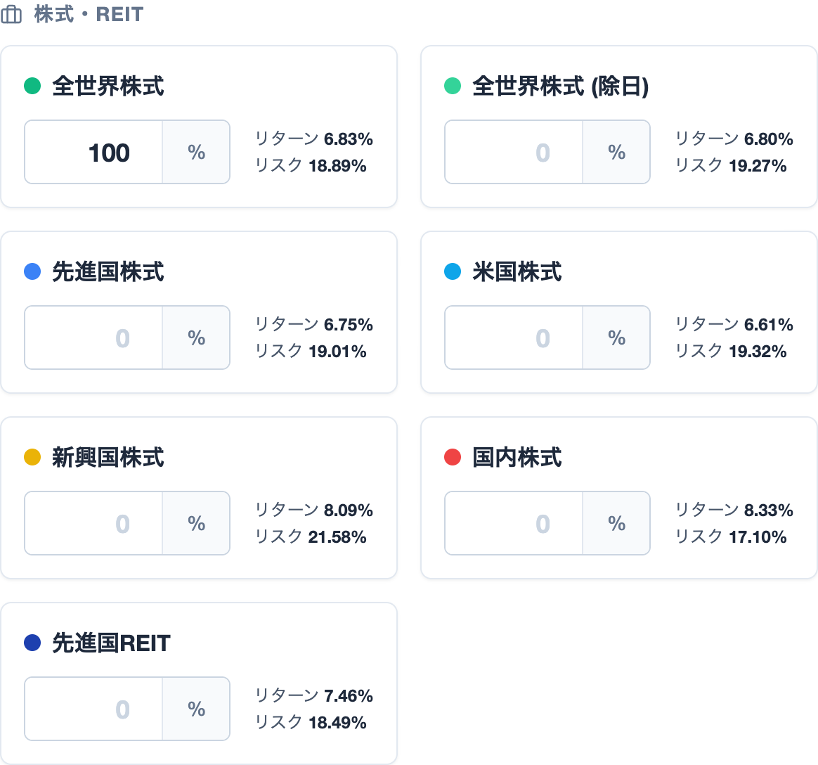 資産形成モード 入力画面（株式・REIT）