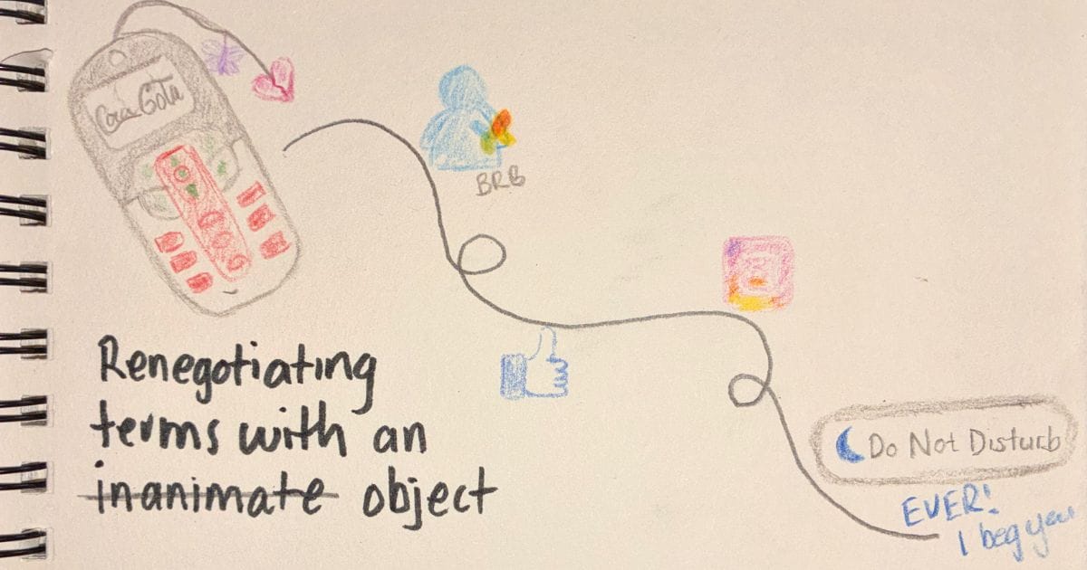 Hand drawn timeline of mobile phones from a 2005 flip phone through to a Do Not Disturb toggle