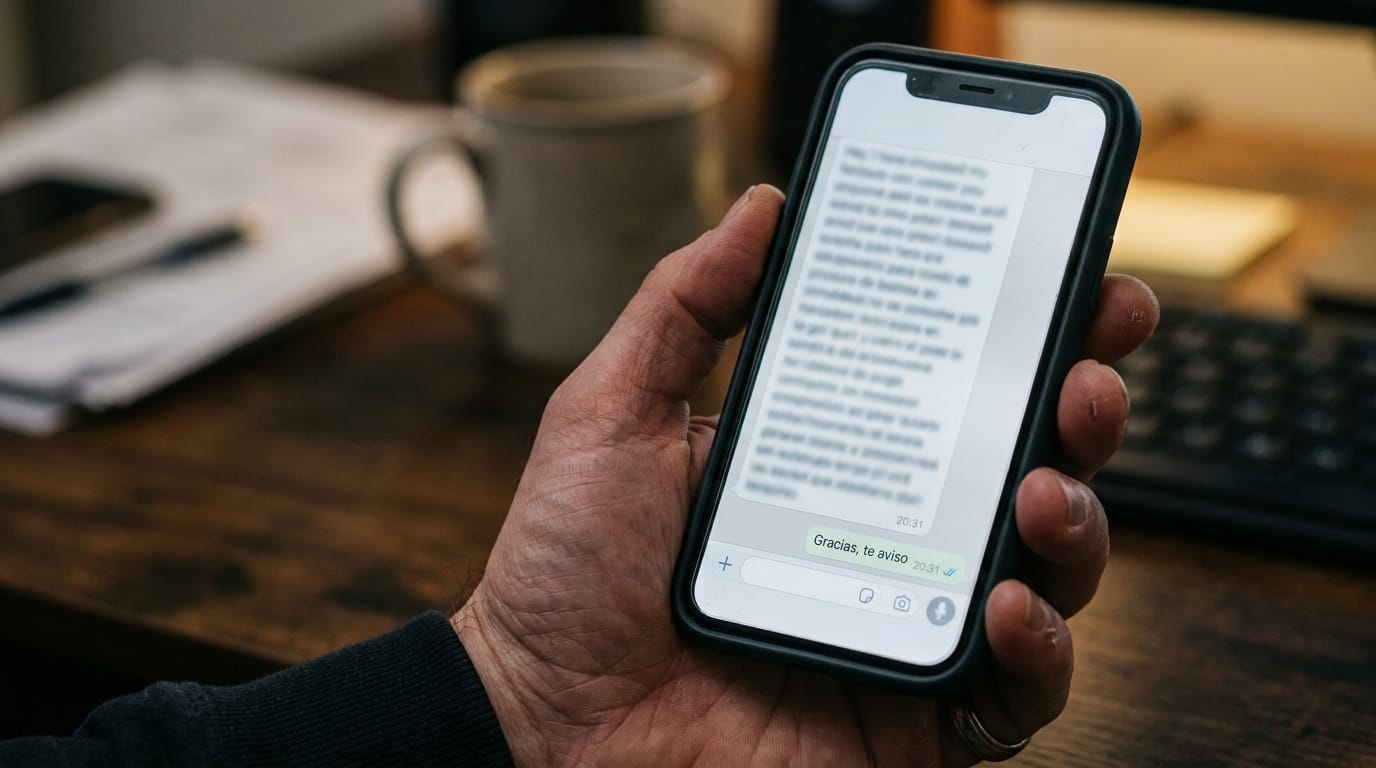 Mano sosteniendo un celular con una conversación de WhatsApp leída y sin respuesta, sobre un escritorio de trabajo