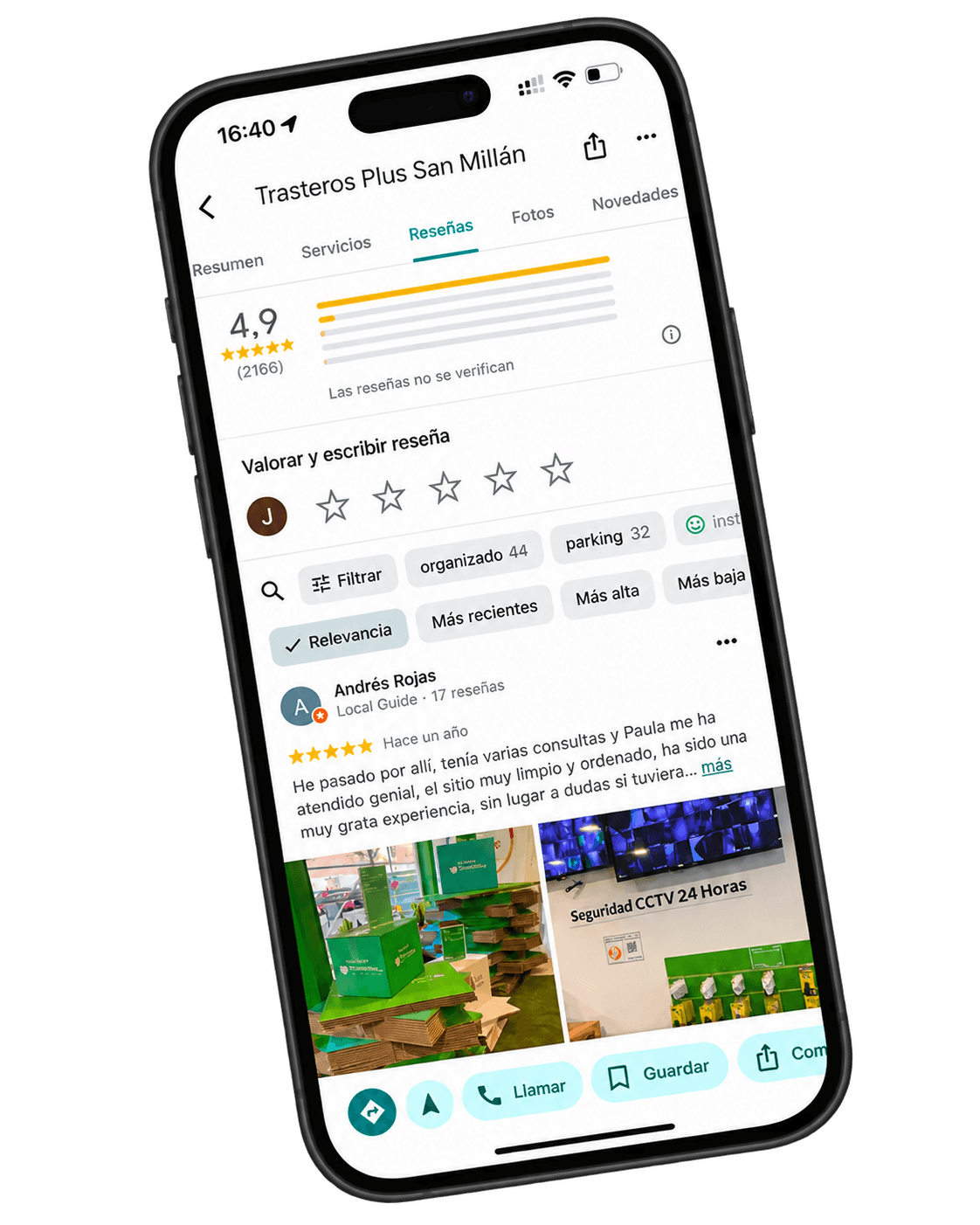 Perfil de Google Maps de un competidor con 4,9 estrellas y más de 2.000 reseñas, la razón por la que aparece primero