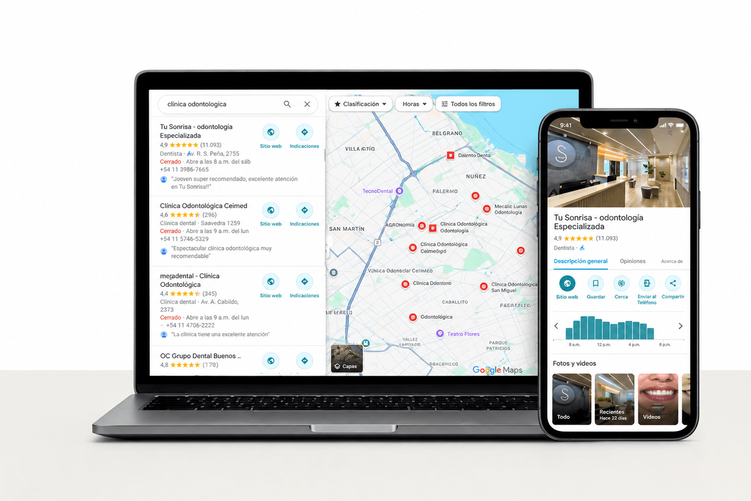 Búsqueda de clínica odontológica en Google Maps, en computadora y celular, con un negocio en el primer lugar y su perfil de Google completo