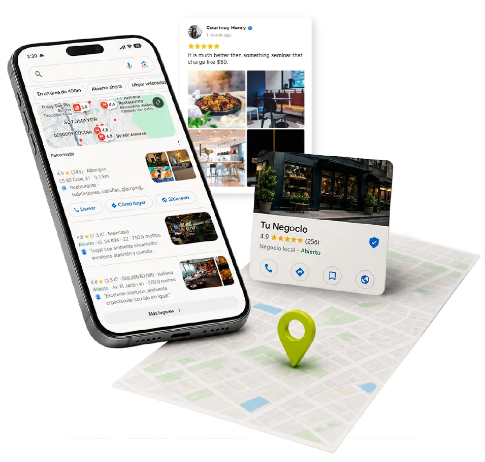 Ilustración de un perfil de Google Business con 4,9 estrellas, reseñas y ubicación en el mapa, como puede verse tu negocio desde antes de abrir