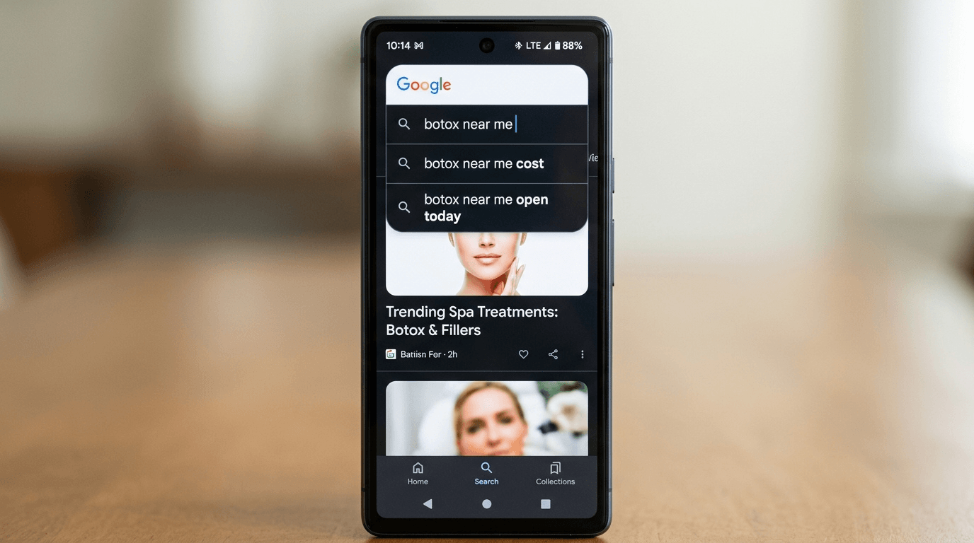 Phone showing a Google search for botox near me with autocomplete suggestions