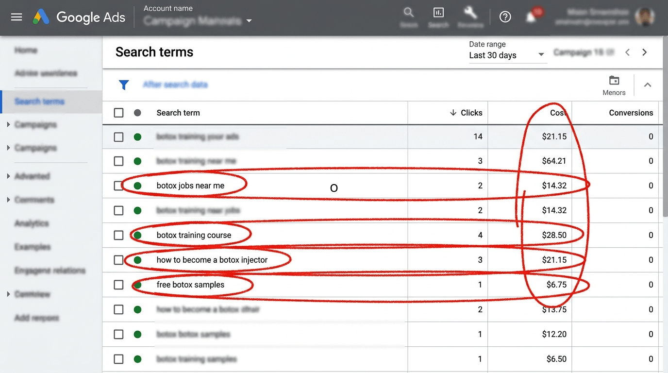 Google Ads search terms report with wasted queries like botox jobs near me circled in red