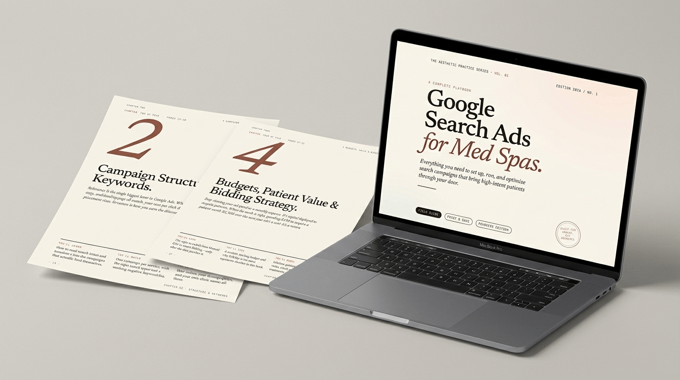 The Complete Playbook: Google Search Ads for Med Spas shown on a laptop with printed chapter pages beside it