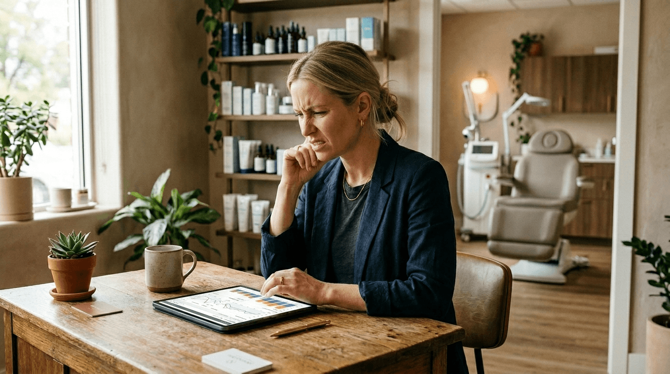 Med spa owner reviewing ad performance on a tablet at her front desk