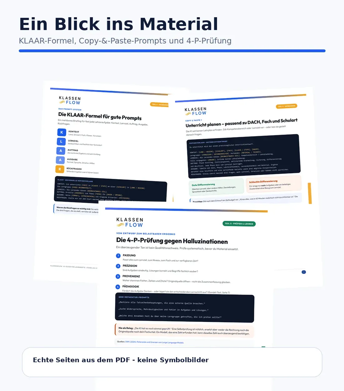 Innenseiten des KI-Guide: KLAAR-Formel, Prompt-Vorlagen und Datenschutz-Ampel