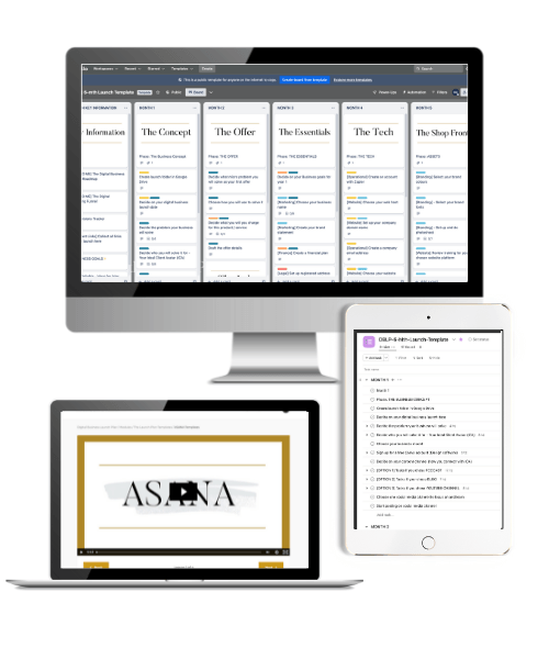 Digital Business Launch Plan template in Asana showing 200+ tasks organised by phase