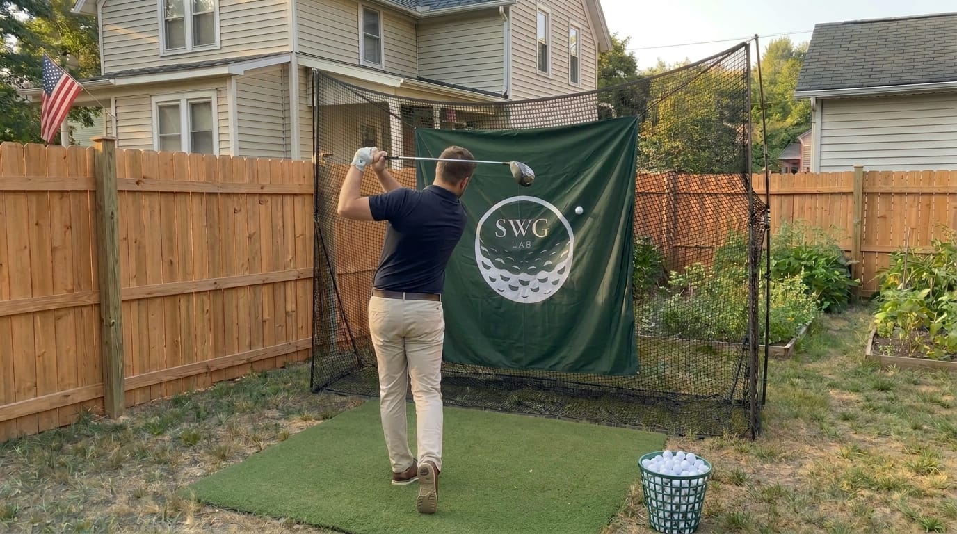 Golfer training with The Practice Net in the backyard