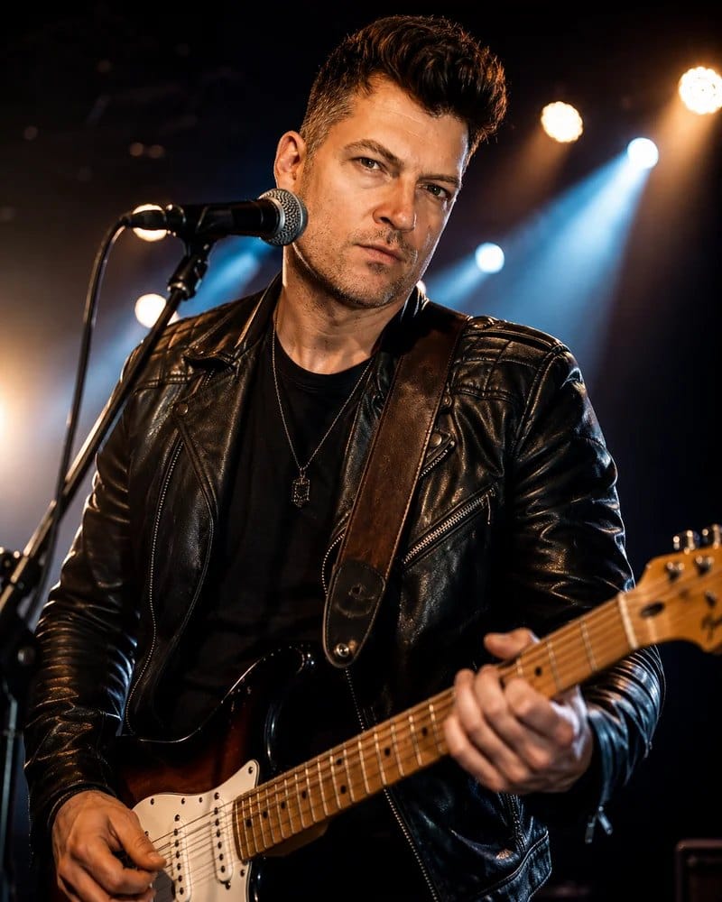 Aaron Wood on stage with his Stratocaster