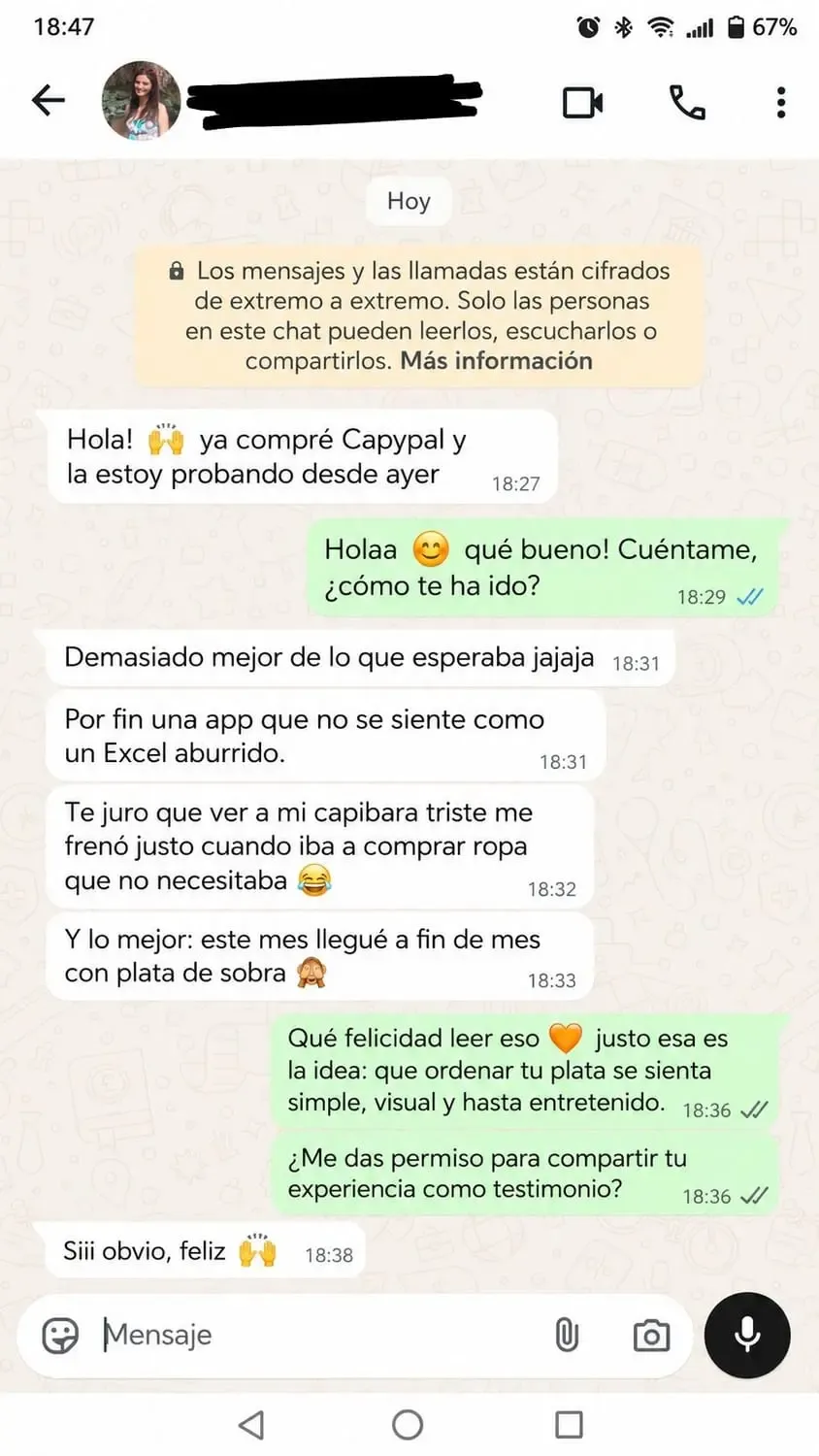 Testimonio de cliente feliz en WhatsApp 1