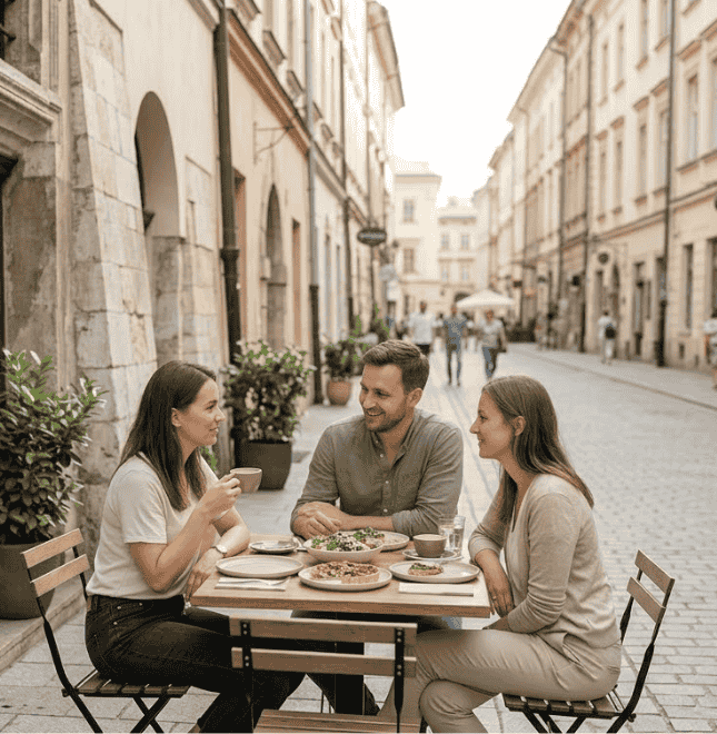 People having gluten free lunch at a restaurant in Krakow.