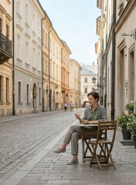 Gluten-free dining in Krakow Old Town with a traveler eating safely at an outdoor cafe