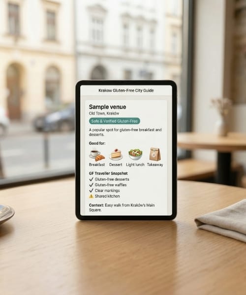 Gluten-free Krakow guide preview on tablet showing a sample venue with safety details and food options