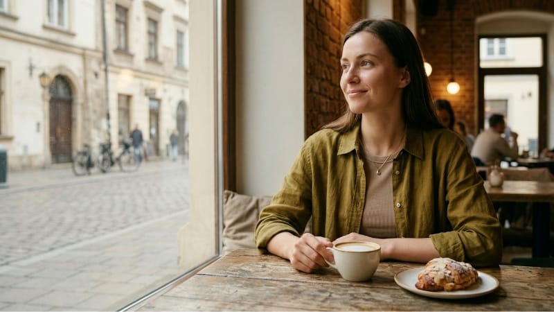 Gluten-free cafe experience in Krakow with a traveler relaxing over coffee and dessert