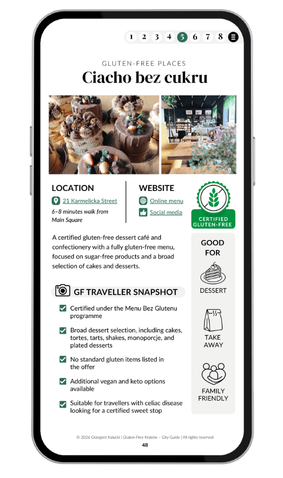 Gluten-Free Krakow guide preview showing a sample cafe listing with safety details and food options