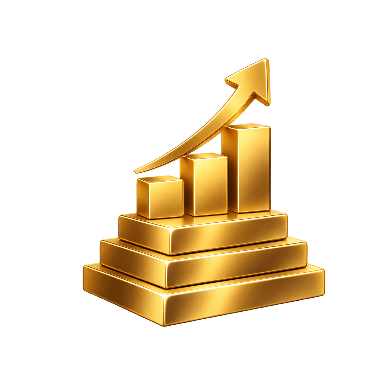 Gold business foundation icon with layered base, growth bars, and upward arrow