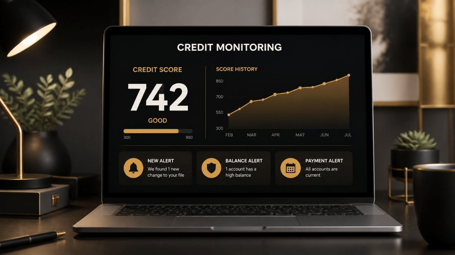 Credit monitoring dashboard showing credit score, activity, and alerts