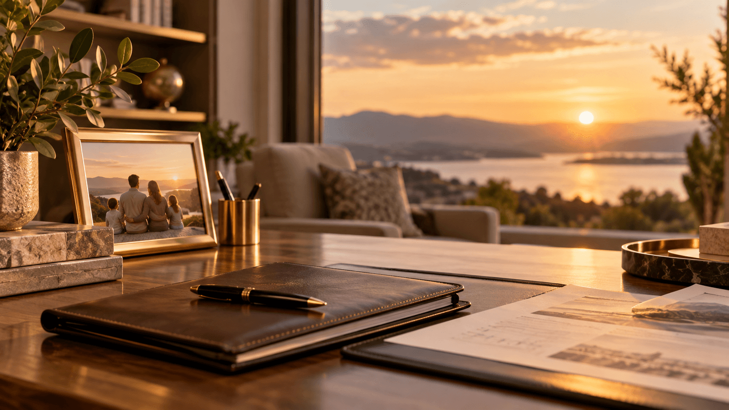 Life insurance and family protection planning workspace with family photo and financial documents