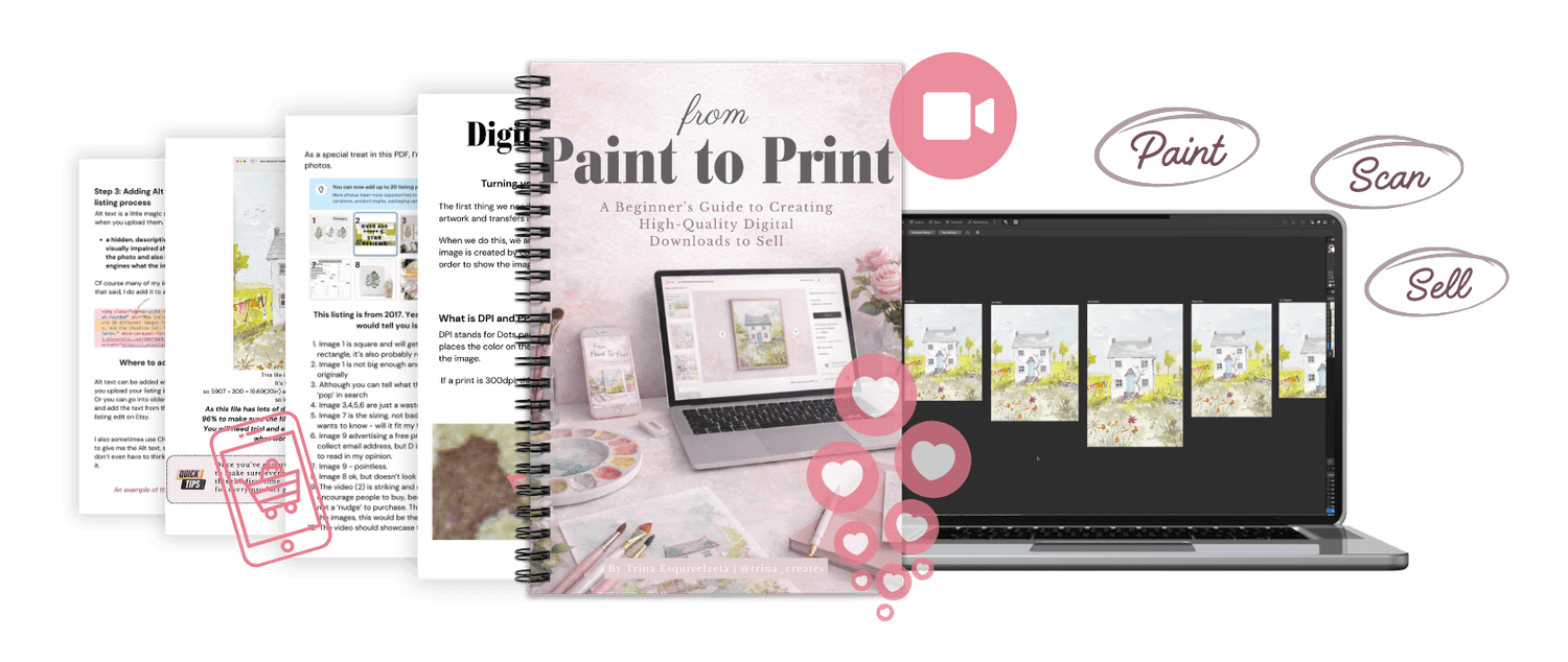 Styled workspace with watercolor art supplies and a laptop showing a digital print listing, representing a beginner’s guide to turning artwork into high-quality digital downloads to sell online.