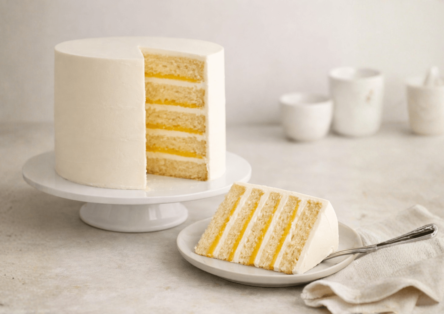Layered vanilla cake on a stand beside a sliced portion showing soft, fluffy interior