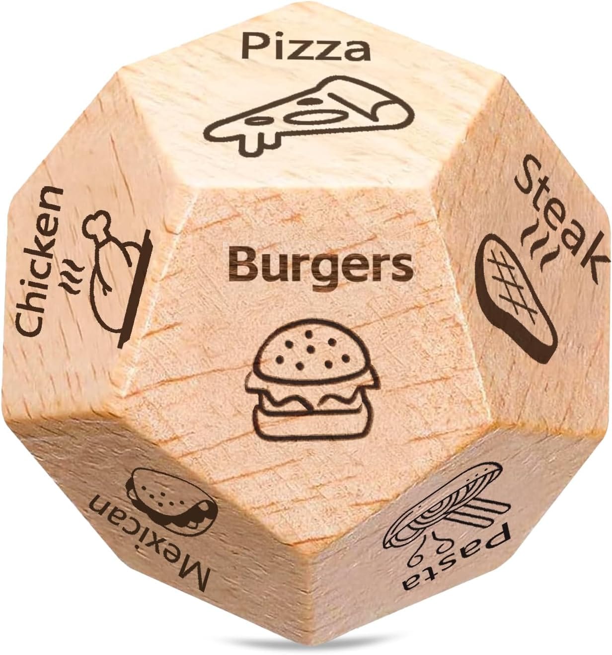Can’t decide what to eat on date night? Let the food decision dice decide 🍕🎲 This funny and thoughtful couples gift is perfect for Valentine’s Day, anniversaries, birthdays, or just a spontaneous night in. Made from high-quality engraved wood, these date night dice feature 12 food choices—from pizza and sushi to steak and wild cards—making every roll a surprise. A unique gift for him or her, including husbands, wives, boyfriends, girlfriends, and couples who love to laugh and make memories together.