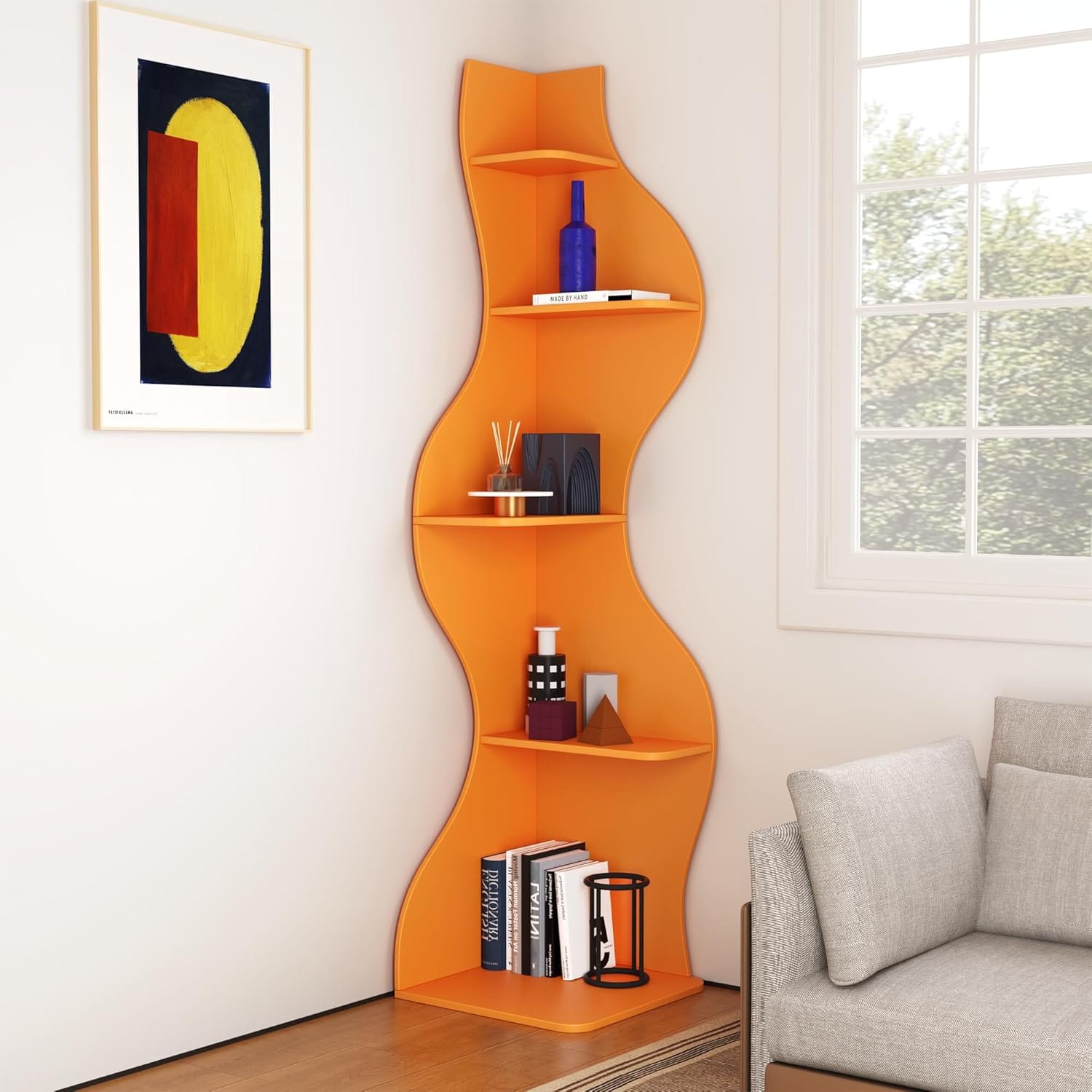 tylish Wavy Design: Unique wave-shaped silhouette transforms a plain corner into an eye-catching display. Perfect for adding modern flair to your living room, bedroom, or office. Space-Saving Corner Shelf: Designed to fit seamlessly into any corner, this tall bookshelf maximizes storage without taking up extra floor space—ideal for apartments and small rooms. Sturdy Wooden Structure: Made of durable wood, the shelf ensures long-lasting stability while supporting books, plants, collectibles, and everyday essentials. Multiple Sizes & Colors: Available in two heights (69.4"H large / 53.6"H small) and 10 vibrant finishes (Orange, Yellow, Walnut, Pink, White, Green, Rustic, Red, Black, Blue) to match any interior style. Versatile Storage & Display: Works as a bookcase, plant stand, or décor organizer. From novels to greenery to art pieces, this corner shelving unit keeps everything neatly showcased.