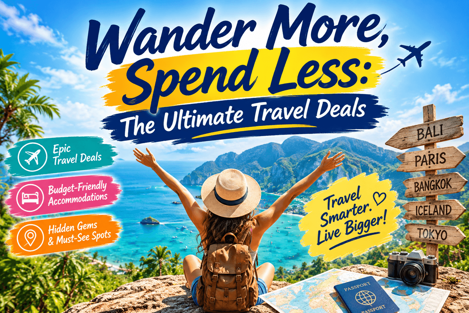 Colorful travel blog banner featuring a traveler with arms raised overlooking a stunning tropical coastline with turquoise water, lush green islands, and blue skies. Bold text reads “Wander More, Spend Less: The Ultimate Travel Deals.” The image includes travel icons highlighting epic travel deals, budget-friendly accommodations, hidden gems, a world map, passport, camera, airplane graphic, and destination signposts, creating an exciting and inspiring vacation planning theme.