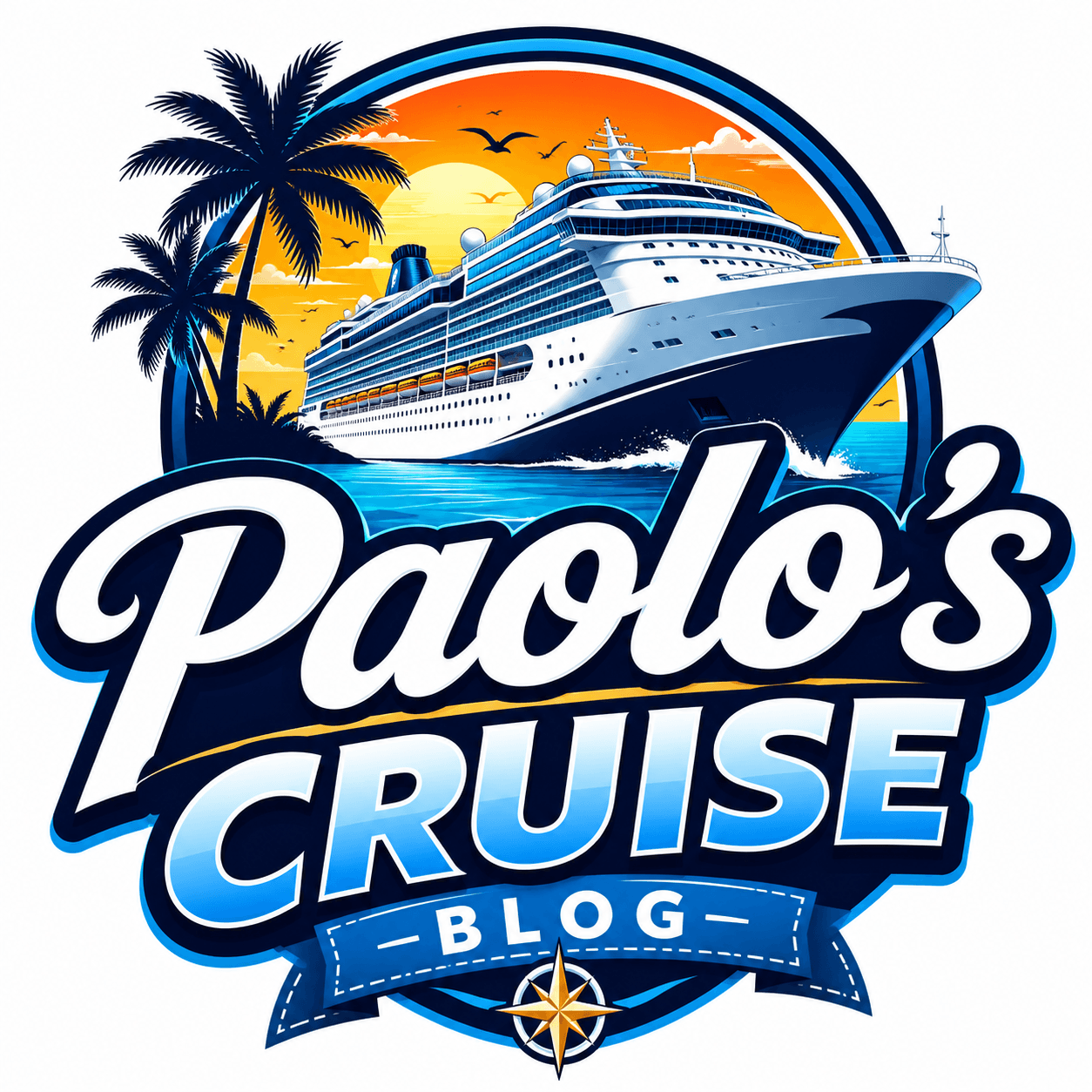 Colorful logo for Paolo's Cruise Blog featuring a large white luxury cruise ship sailing across bright turquoise ocean waters at sunset. Tropical palm trees frame the scene with orange and yellow skies, flying seabirds, and a nautical compass at the bottom. Bold white and blue lettering reads "Paolo's Cruise Blog," creating a vibrant, modern travel brand identity that evokes luxury cruises, tropical vacations, and ocean adventures.