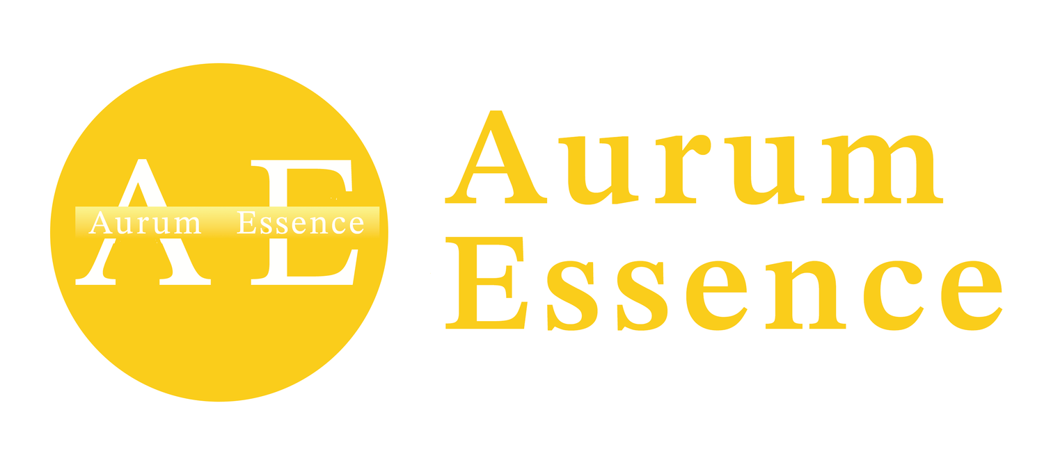Logo Aurum Essence: golden gefüllter Kreis mit den Buchstaben A E  und der Schrift Aurum Essence